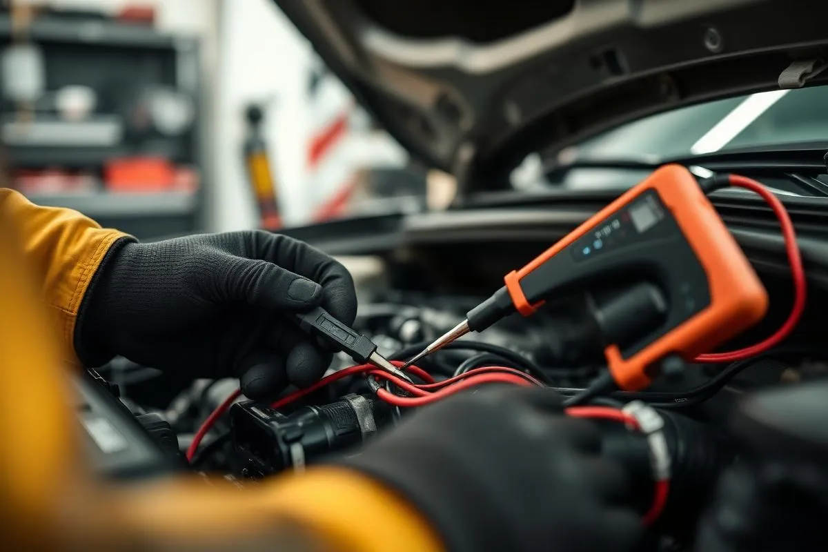 Technician testing an engine bay wiring loom with a multimeter