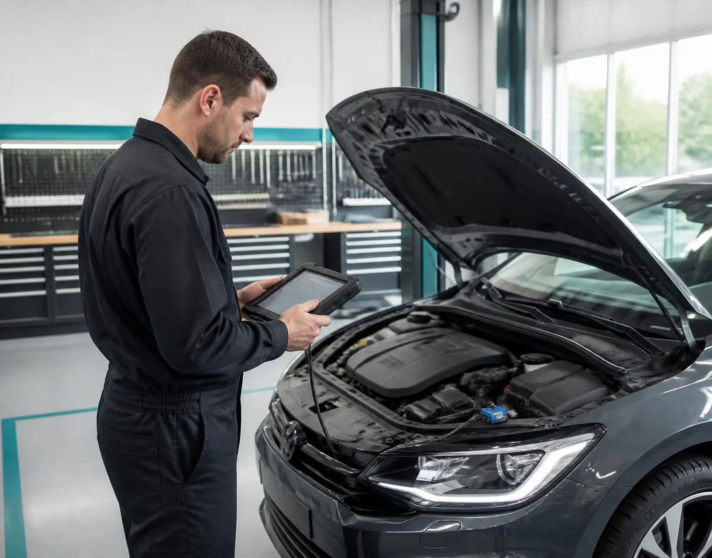 Technician using diagnostic equipment on a car with the bonnet open