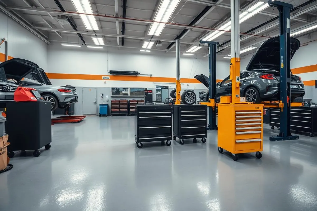 Clean modern vehicle repair workshop with cars on ramps